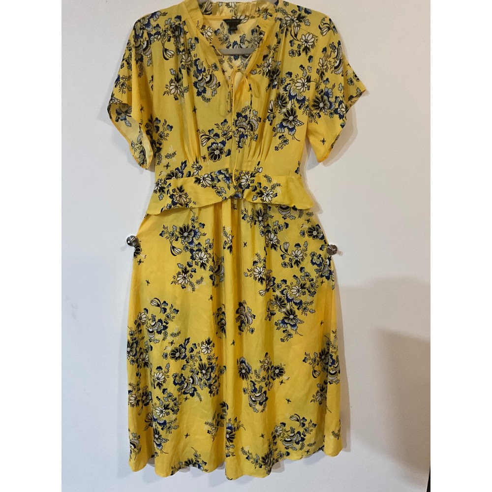Ann Taylor Yellow Floral Ruffle Peplum Midi Dress Size 0 Short Sleeve Tie Neck